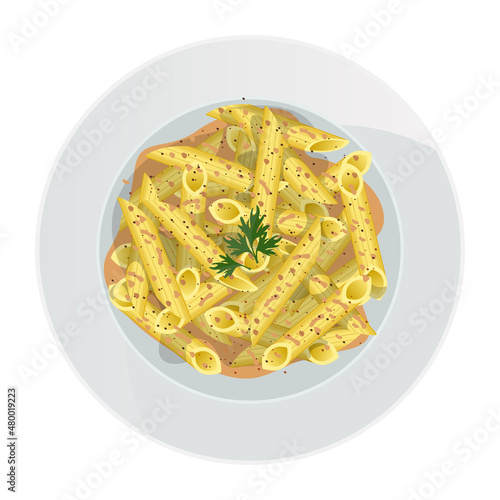 Top view of penne rigate pasta in sauce with spices and parsley in plate isolated on white background. Vector illustration.