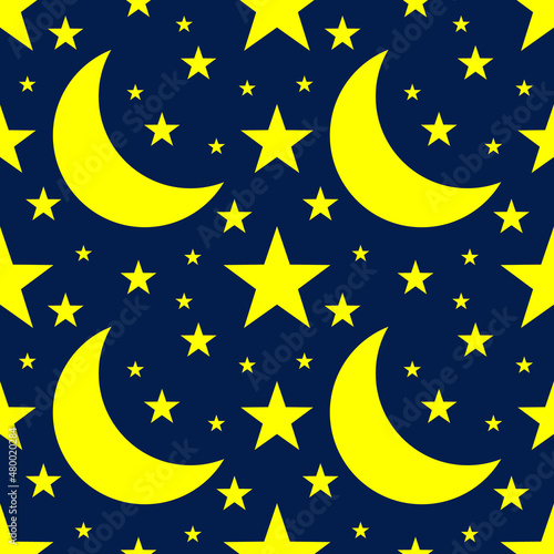 crescent moon with star seamless pattern on blue background. good night cartoon concept for kid's bedroom decoration and fabric and paper graphic design printing 