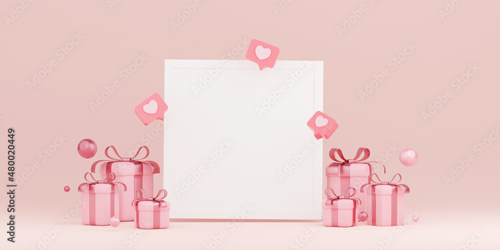 Banner of blank photo frame with pink gift box, 3d illustration Banner of blank photo frame with pink gift box, 3d illustration