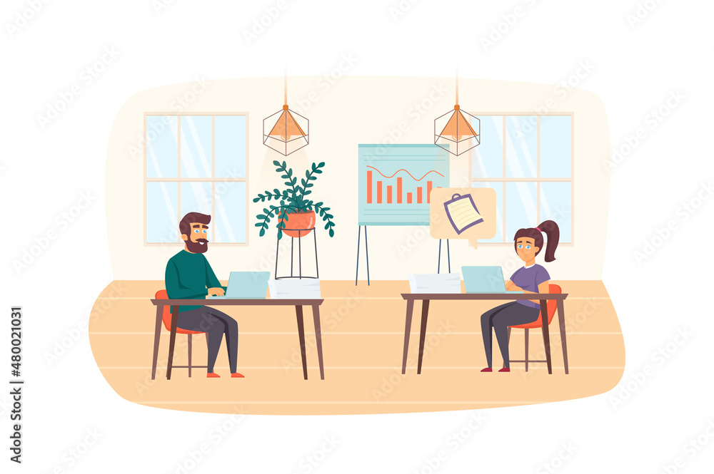 Team of content managers works on laptops in office scene. Creation content plan, website management, promotion in social networks concept. Illustration of people characters in flat design Team of content managers works on laptops in office scene. Creation content plan, website management, promotion in social networks concept. Illustration of people characters in flat design