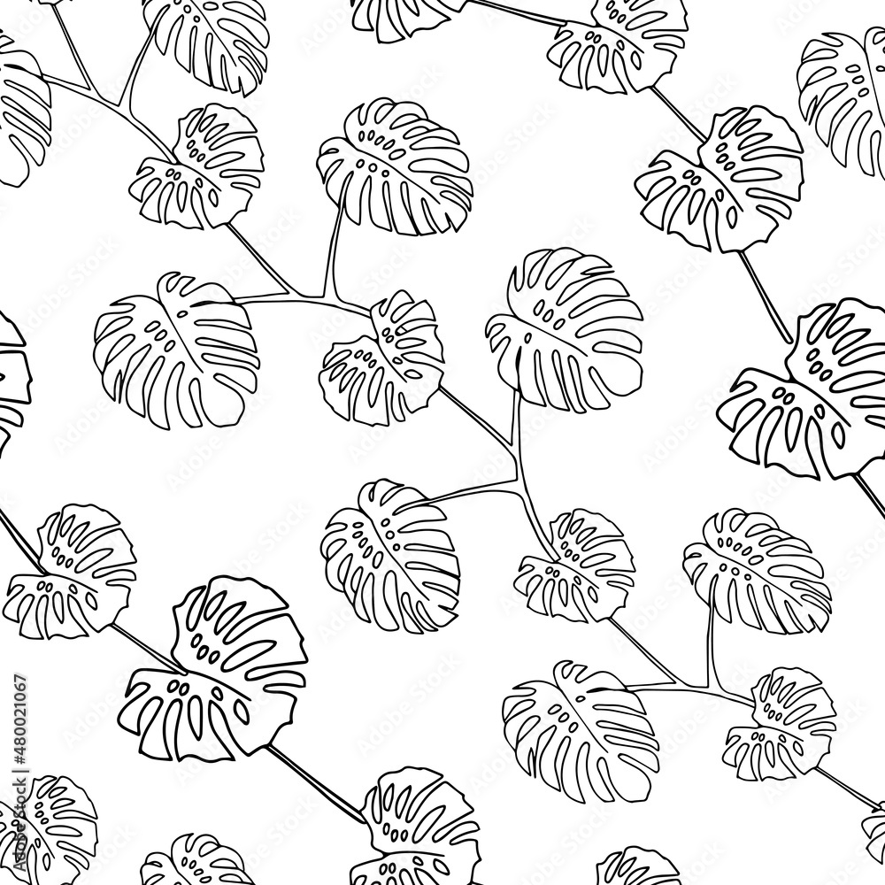 Illustration of a black leaves monstera isolated on a white background. Seamless pattern