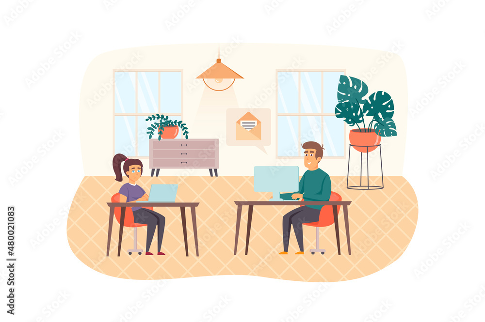 Content managers works in office scene. Man answers letters from clients. Woman working on laptop. Content plan, website promotion concept. Illustration of people characters in flat design