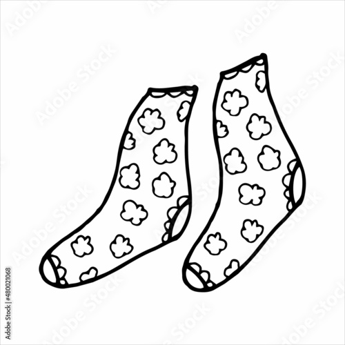 Hand drawn pair of socks in doodle style. Black and white vector illustration