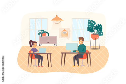 Content managers works in office scene. Man answers letters from clients. Woman working on laptop. Content plan  website promotion concept. Illustration of people characters in flat design