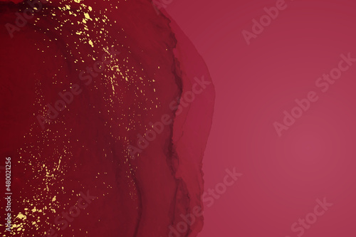 Modern watercolor background or elegant card design or wallpaper or poster with abstract red ink waves and golden splashes.