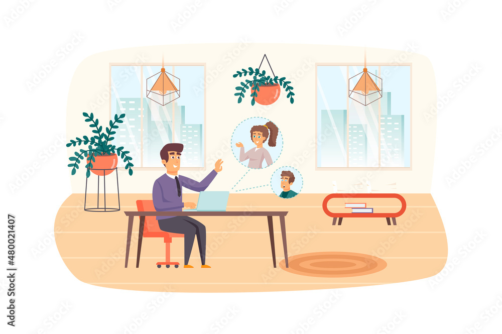 Man talks with colleagues on video conference from home office scene. Businessman communicate online with partners. Video calling work concept. Illustration of people characters in flat design Man talks with colleagues on video conference from home office scene. Businessman communicate online with partners. Video calling work concept. Illustration of people characters in flat design
