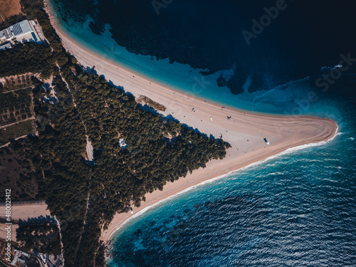 Famous Zlatni rat beach in Bol, Island Brac, Croatia, Europe. Also called golden horn or golden cape. April, 2021.