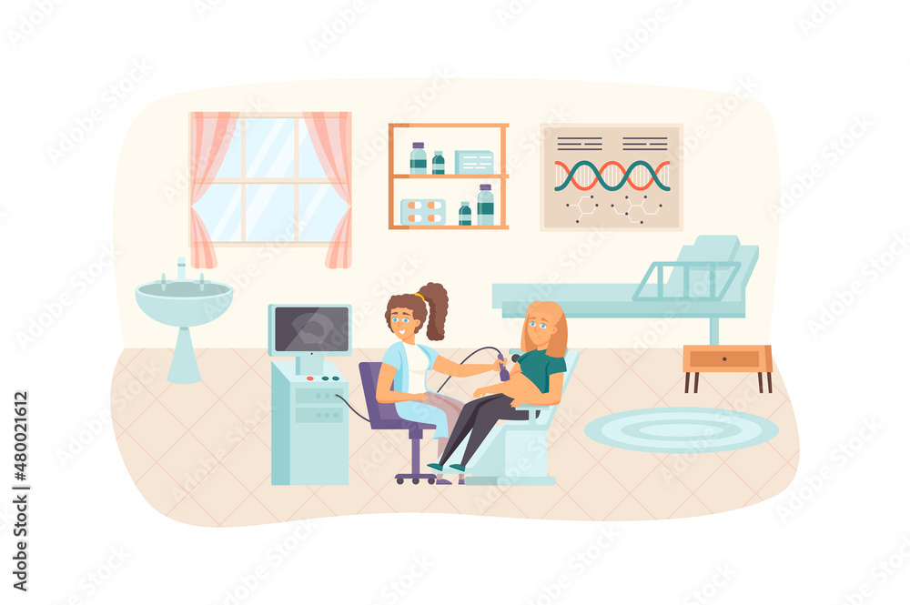 Fototapeta premium Pregnant woman receives an ultrasound scan at medical clinic. Happy young family with baby scene. Pregnancy, childhood, maternity concept. Illustration of people characters in flat design