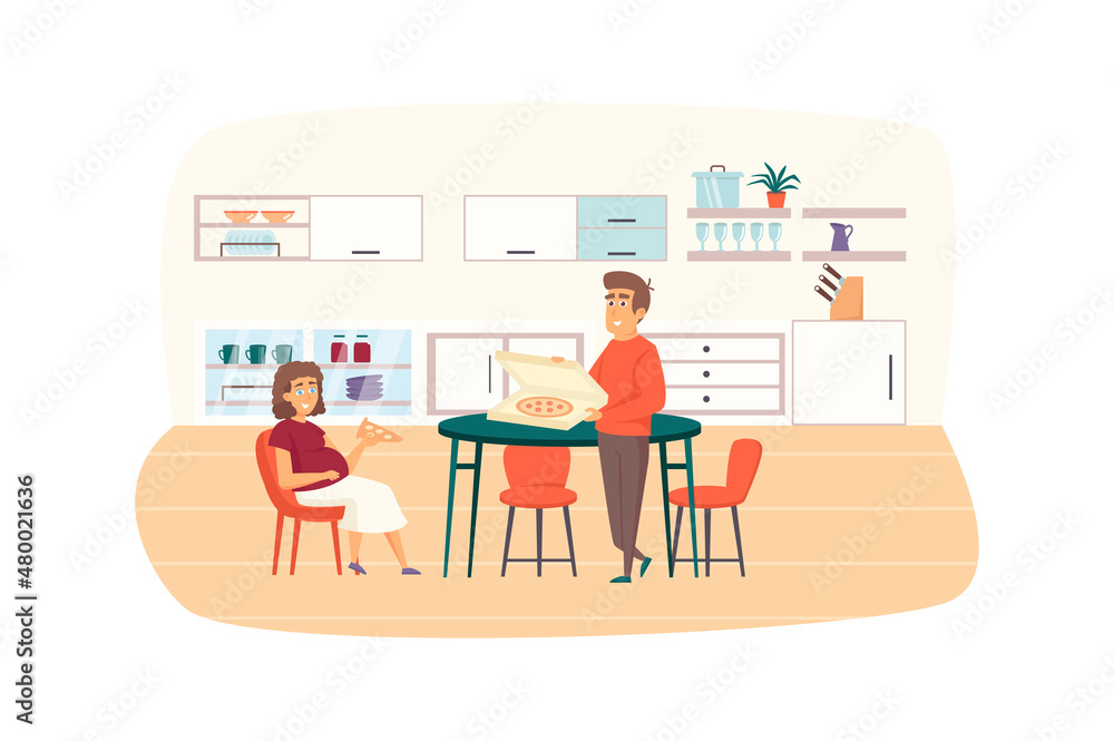 Young family eating at kitchen together scene. Pregnant woman eat pizza with her husband. Pregnancy, childhood, maternity, parenthood concept. Illustration of people characters in flat design