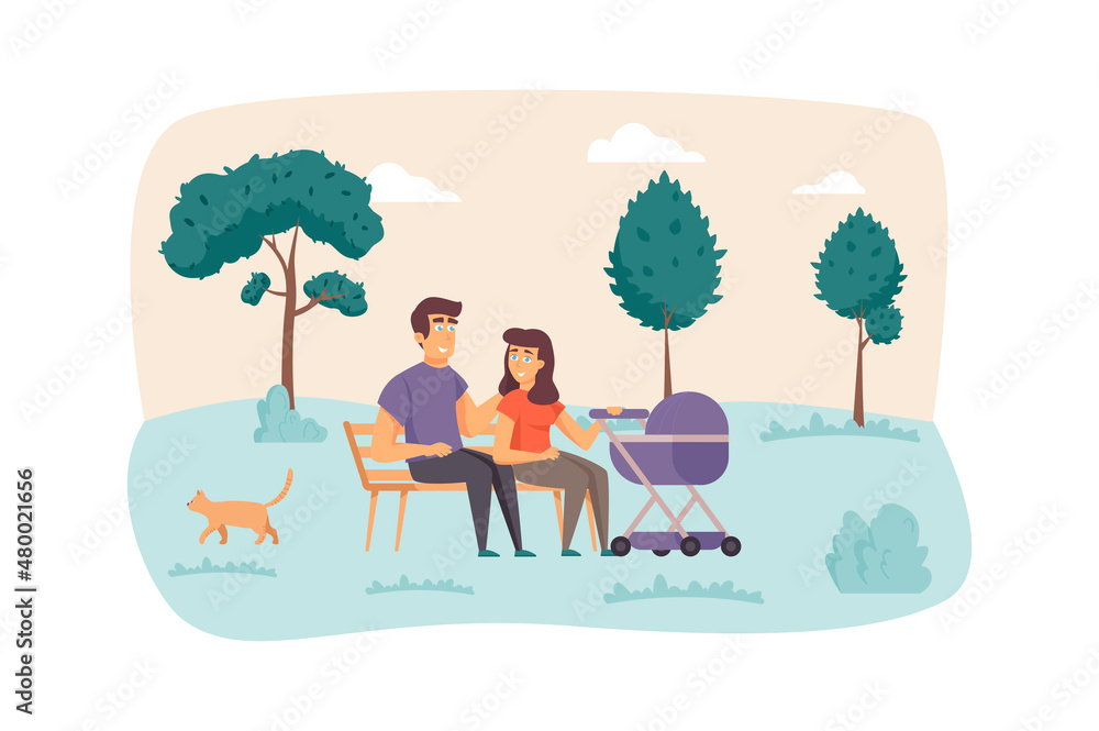 Fototapeta premium Young family with baby scene walk in park. Father and mother with kid in stroller. Pregnancy, childhood, maternity, parenthood concept. Illustration of people characters in flat design