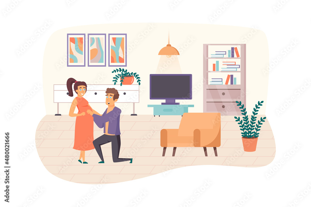 Young family expecting baby born scene. Husband embracing pregnant belly of his wife. Pregnancy, childhood, maternity, parenthood concept. Illustration of people characters in flat design