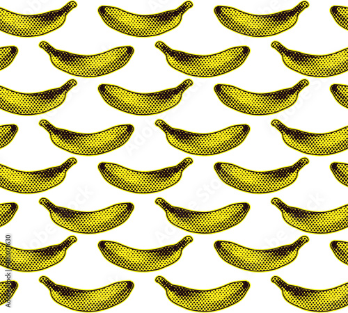 Seamless vector pop art pattern of dot halftone yellow bananas in ordered rows on white background.