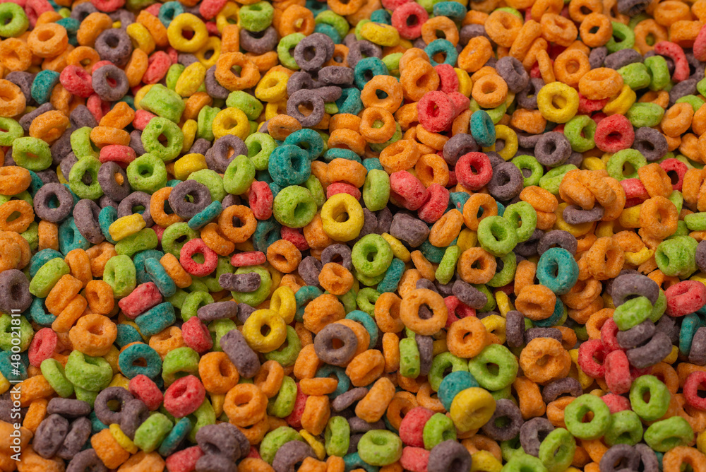 Fototapeta premium Sweet multicolored flakes, cereal loops.