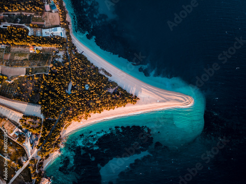 Famous Zlatni rat beach in Bol, Island Brac, Croatia, Europe. Also called golden horn or golden cape. April, 2021.