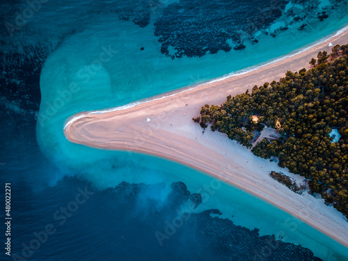 Zlatni rat beach, Croatia. Aeriel drone view in April 2021.