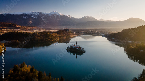 Beautiful, spectacular and colorful sunrise over the lake Bled, Slovenia