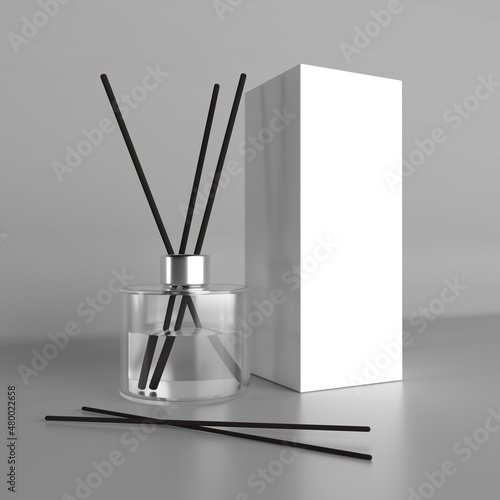 Schilderij op canvas 3D render aroma diffuser mockup with sticks and packaging with space for box and