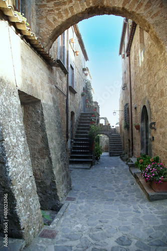 Fototapeta Naklejka Na Ścianę i Meble -  Typical alley of the village among characteristic buildings and with tuff arch, Civita di Bagnoregio, Tuscia, Lazio, Italy