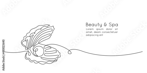 Continuous one line drawing natural open pearl shell and scallop. Modern minimalist icon or logo in simple linear style. Doodle Vector illustration