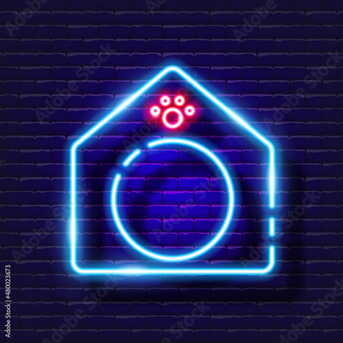 Dog kennel neon icon. Vector illustration for design, website, pet shop, veterinary clinic. House for animals concept.