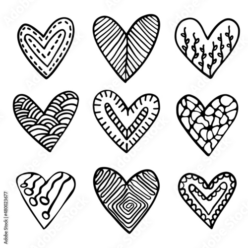Set of doodle hearts with pattern inside ink hand drawn sketch for cards holidays love valentine design.