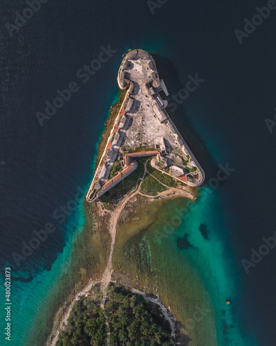 Top down of colorful reef and St. Nicholas Fortress - Sibenik archipelago, Croatia