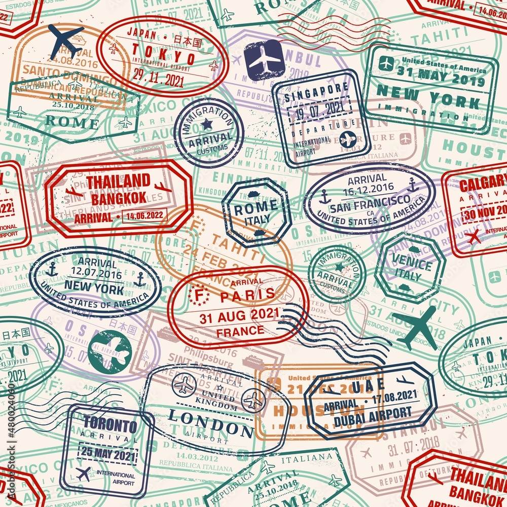 Seamless pattern passport stamps