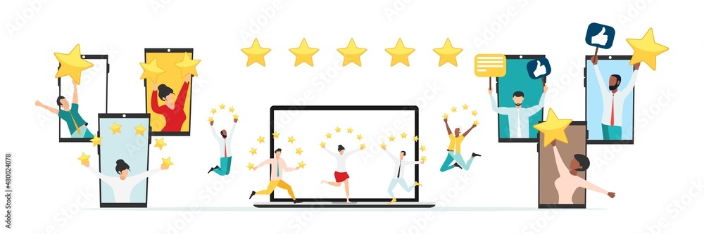 Online quality assessment. Five stars, five likes. Customer feedback, testimonial, online survey concept. Group of people rating customer experience, writing review, leaving feedback. Vector.