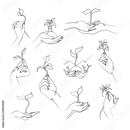 Hand holding plant, ecology theme icons set. Print for clothes, t-shirt, emblem or logo design, continuous line drawing, small tattoo, isolated vector illustration. Growing plant in hand palm. 