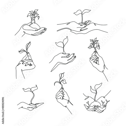 Hand holding plant, eco icon. Growing plant in hand palm. print for clothes, t-shirt, emblem or logo design, continuous line drawing, small tattoo, isolated vector illustration.