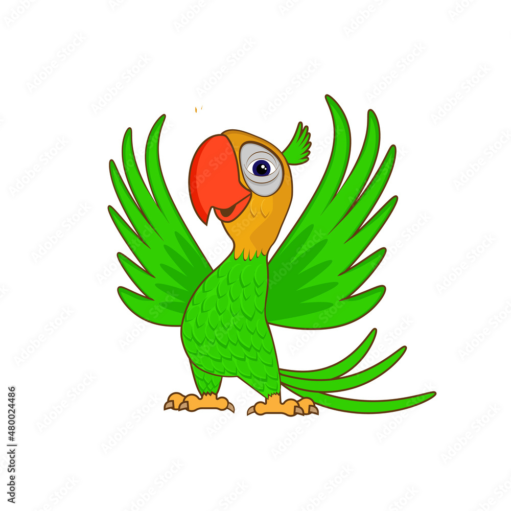 Cute parrot bird cartoon, vector illustration isolated on white background