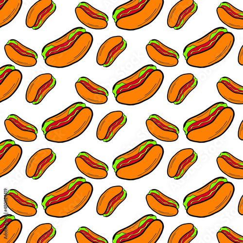 Hot Dog Day vector seamless pattern with buns and sausages 