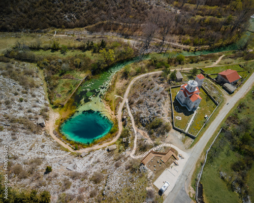 Aerial Panorama of Izvor Cetine and Catholic Church in Dalmatia, Croatia. photo