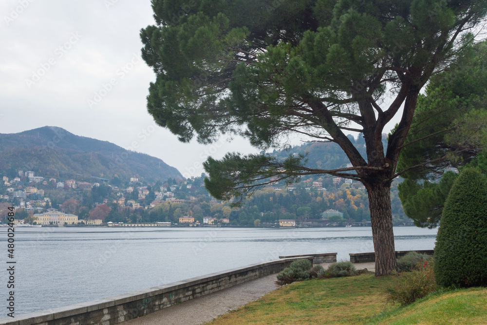 Beautiful view of the lake and the city of Como in the Lombardy region of Italy on a cloudy day. Travel Italy.