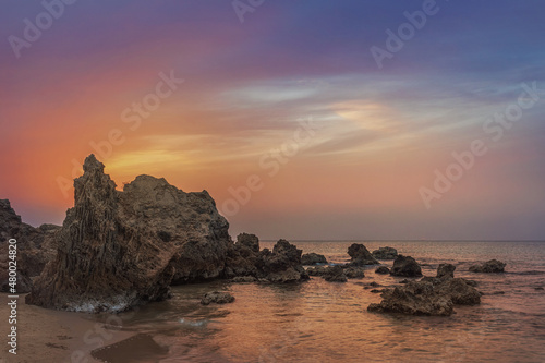 Blue hour on the coast of the Gedor nature reserve. Hadera, Northern District, Israel.
