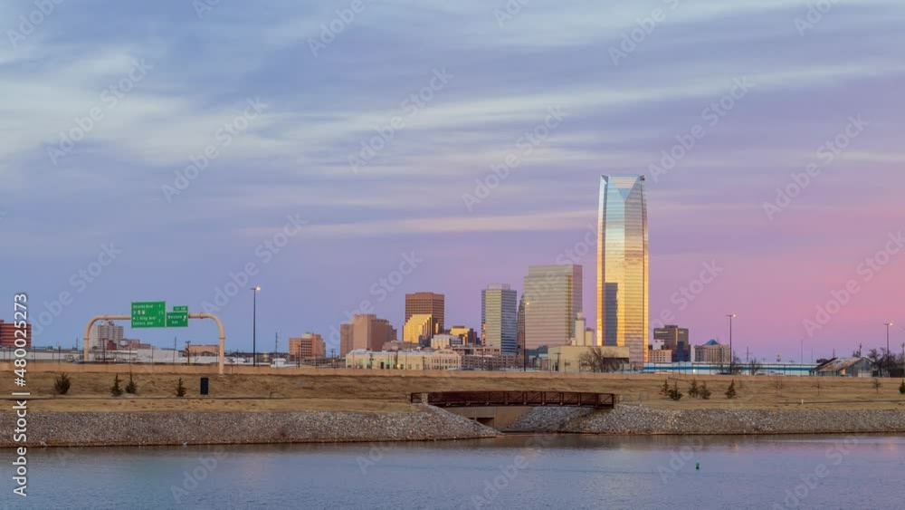 Sunset to night timelapse of Oklahoma downtown skyline