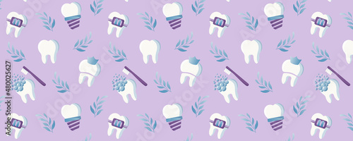 Dental pattern. Dental implant, tooth with braces, dental crown, broken tooth, teeth cleaning.