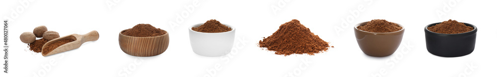 Set with nutmeg powder on white background. Banner design Set with nutmeg powder on white background. Banner design
