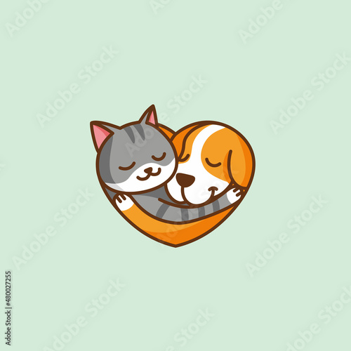 Love to the animals. The cat and the dog hug each other.