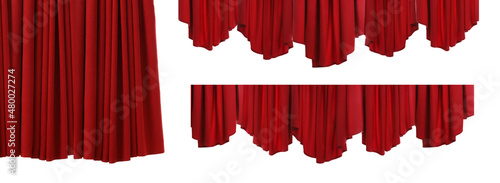 Set with beautiful red curtains on white background. Banner design