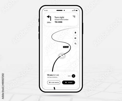 Map GPS navigation ux ui outline, Smartphone map application and destination pinpoint on screen, App search maps navigate, Technology map, City navigation maps, Map icon, tracking, location, Vector