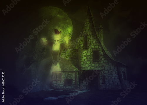 3D Abstract witch house in night forest and ghost