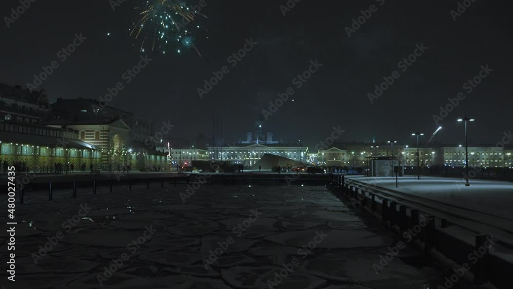 Helsinki. Finland. 01 January 2022. Market square. View of the white church. Happy fireworks. meeting the new year 2022 Helsinki. Finland. 01 January 2022. Market square. View of the white church. Happy fireworks. meeting the new year 2022
