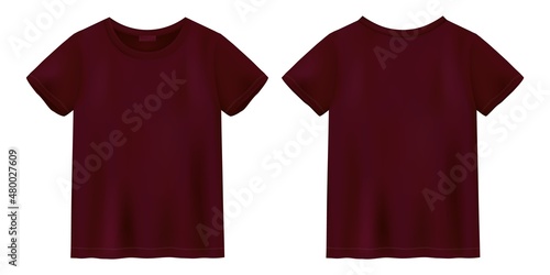 Unisex burgundy color t shirt mock up. T-shirt design template.