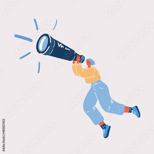 Vector illustration of woman fly and using spyglass for searching of opportunities. Businesswoman searching for opportunities.