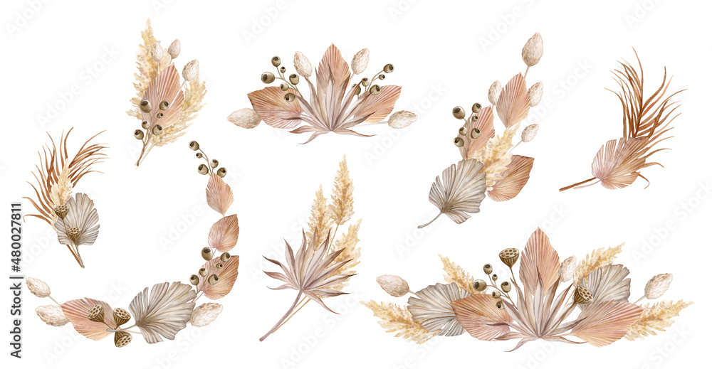 Fototapeta premium set of tropical bouquets with dry leaves and herbs, boho palm leaves and pampas grass isolated on white background. Floral illustration for design, print, fabric or background. Flower frames