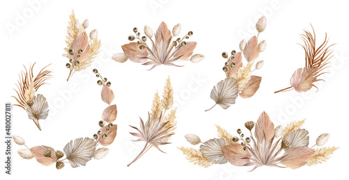 Fényképezés set of tropical bouquets with dry leaves and herbs, boho palm leaves and pampas grass isolated on white background