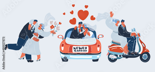 Vector illustration of Collection of wedding couple dance together, ride in car or scooter. Honey moon and Newly Married concept.