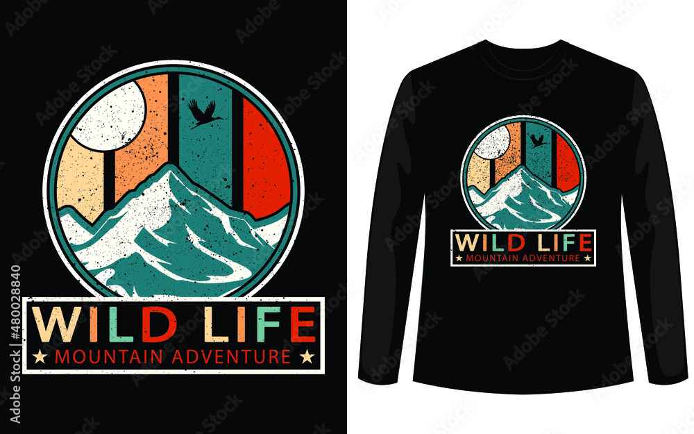 Fototapeta premium Mountain typography graphics for slogan tee shirt with eagle. Mountain adventure print for apparel, t-shirt design with grunge. Wildlife slogan. Vector illustration. tee shirt with sun.