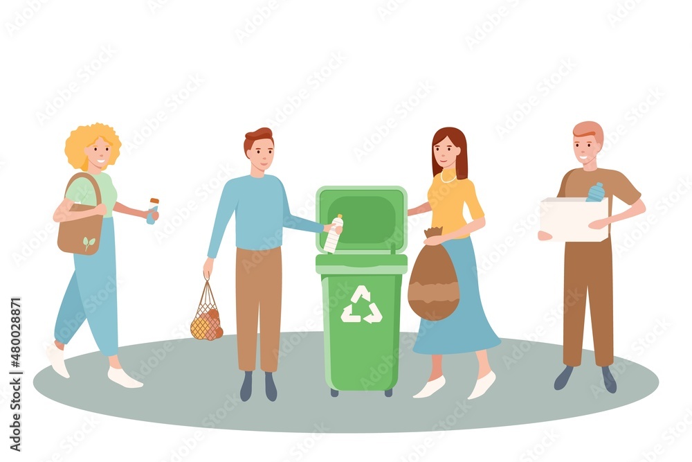 Set of happy men and women sorting and recycling and reuse the garbage. Zero waste concept. Bundle of cute funny people putting rubbish in trash bins, dumpsters or containers. Flat illustration